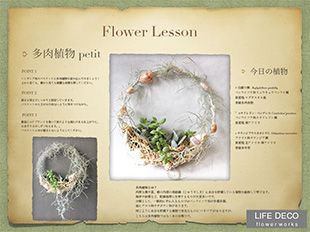 多肉植物：貝殻のハングギンバスケット FLOWER LESSON Recipi 全12回のコースレッスン LIFEDECO flower works 東京 南青山のライフデコのフラワーレッスン